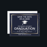 Gold Graduation Save the Date Invitation Postcard<br><div class="desc">Lovely faux foil border with shimmering confetti highlights. Faux gold foil solid line border. Silver mortar board artwork. All text is adjustable and easy to change for your own party needs. Great elegant graduation party save the date template design.</div>