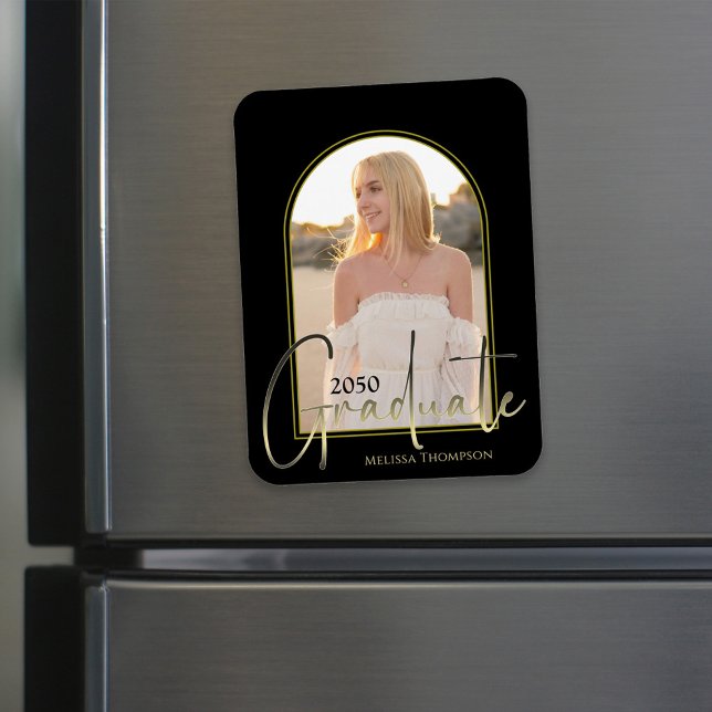 Gold Graduation Script Black Arch Elegant Photo Magnet (Elegant black and gold graduation magnet with photo and script for memorable celebration keepsake. )