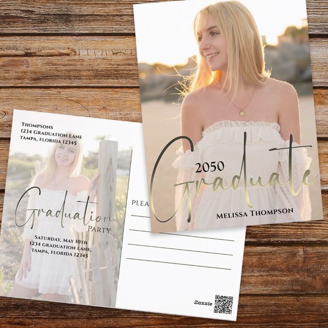 Gold Graduation Script Black Two Vellum Photo  Postcard (Creator Uploaded)