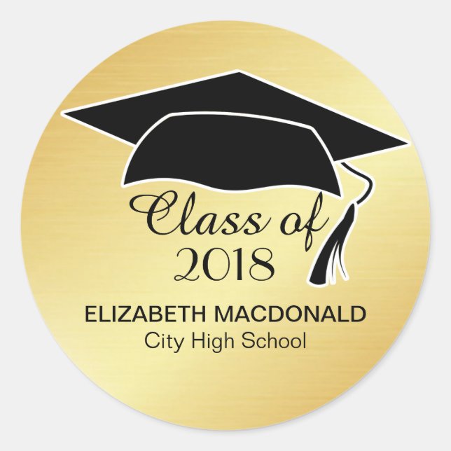 Gold Graduation Sticker Black Mortar Board & Text (Front)