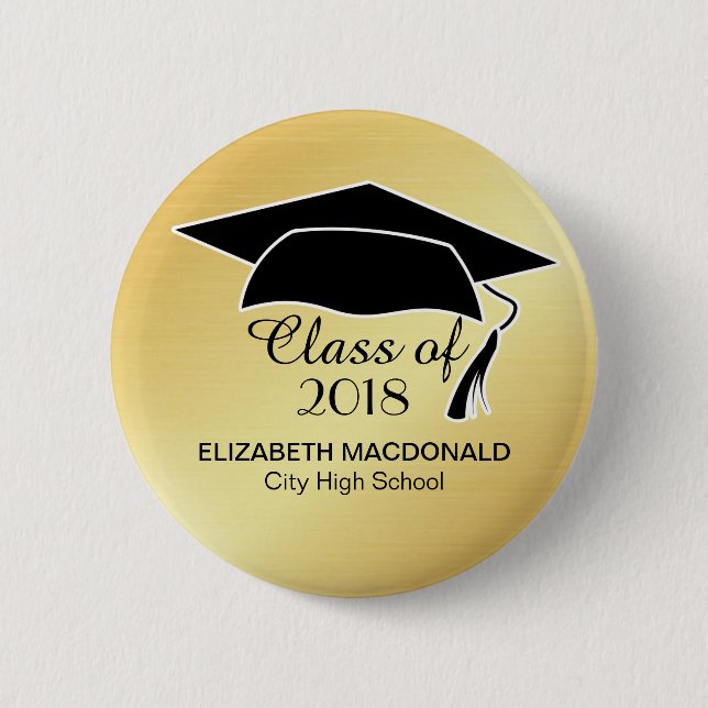 Gold Graduation Sticker Black Mortar Board & Text Pinback Button (Front)