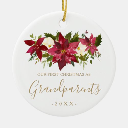 Gold Grandparents First Christmas Photo Poinsettia Ceramic Ornament