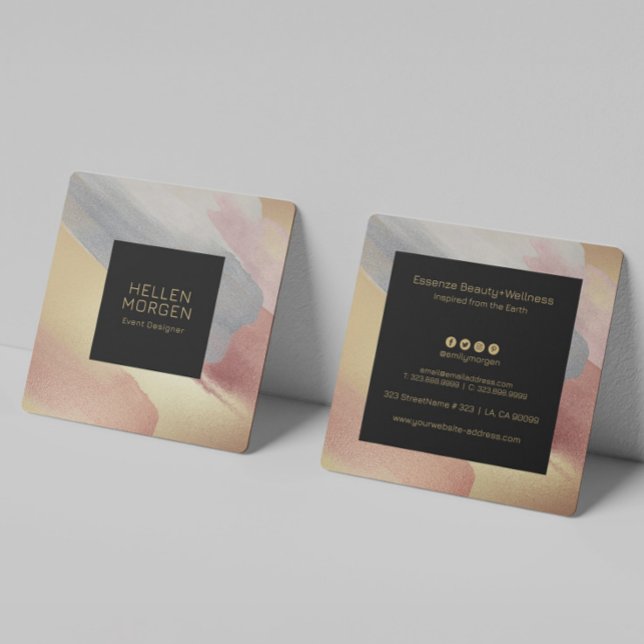 Gold, Gray and Rose-Gold Brushstrokes Square Business Card (Creator Uploaded)