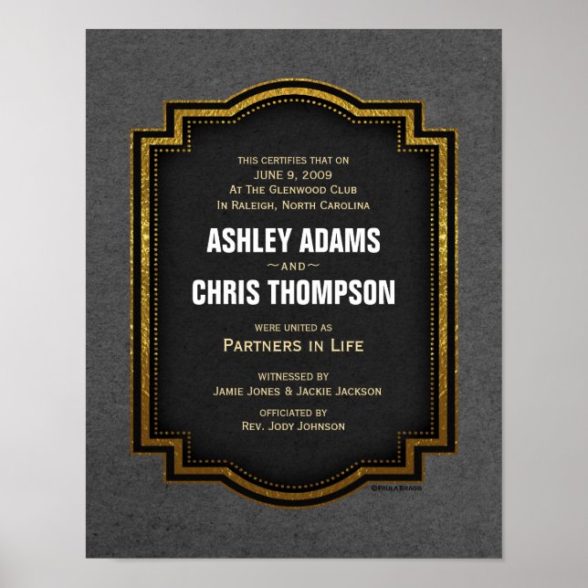 Gold Gray Black Alternative Wedding Certificate Poster (Front)