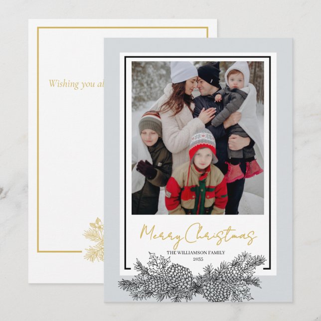 Gold Gray Black Modern Elegant Photo Christmas Holiday Card (Front/Back)