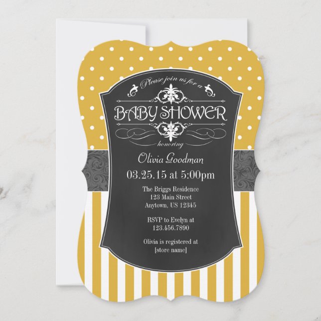 Gold Gray Chalkboard Stripes Baby Shower Invite (Front)