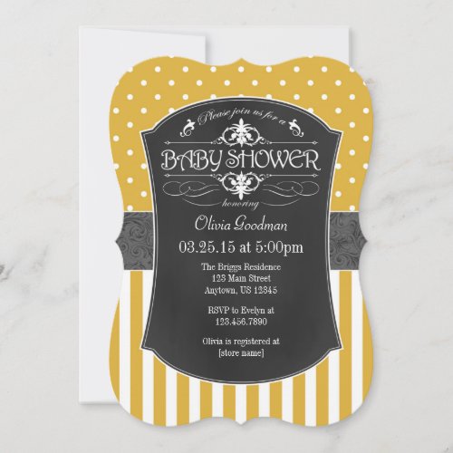 Gold Gray Chalkboard Stripes Baby Shower Invite