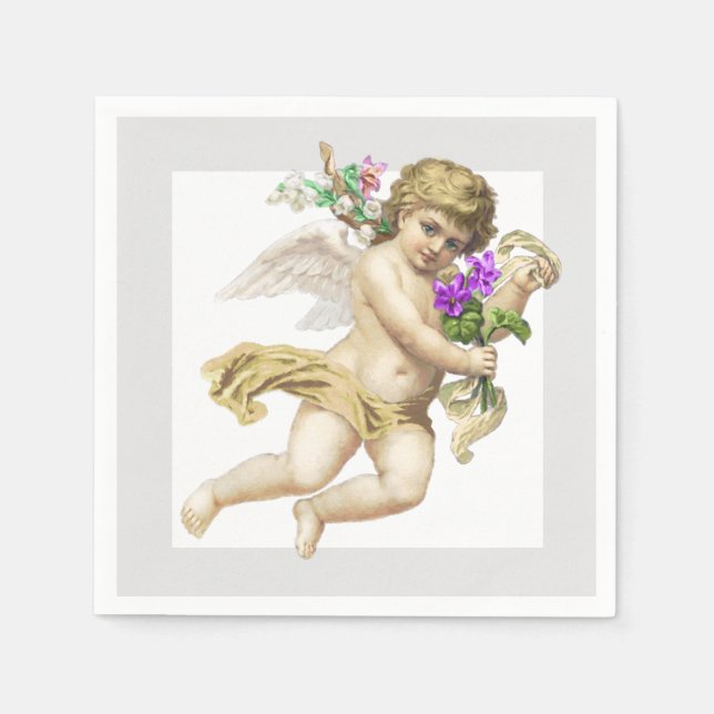 Gold Gray Cherub Angel Paper Napkin (Front)