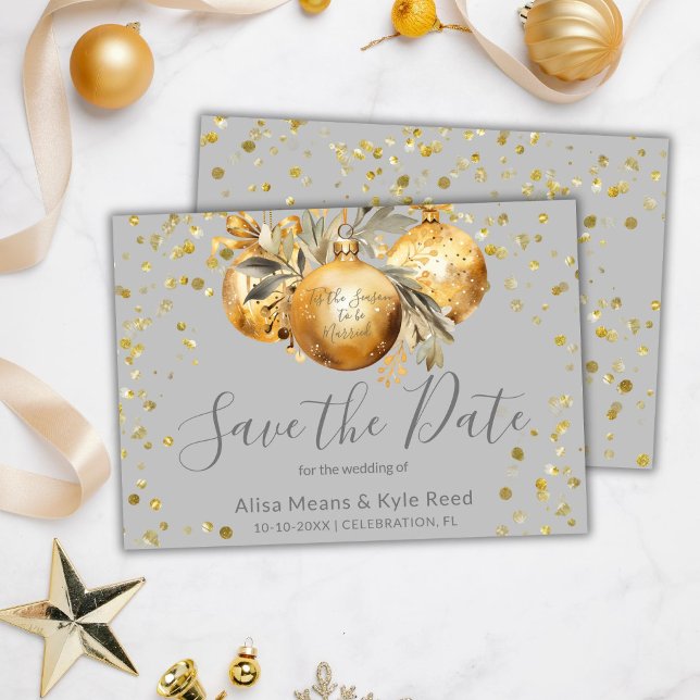 Gold Gray Christmas Wedding Save the Date Invitation (Creator Uploaded)