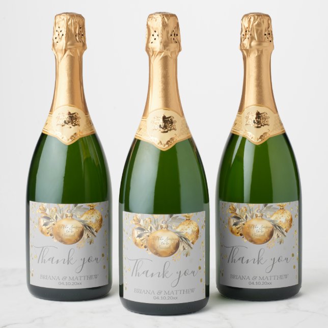 Gold Gray Christmas Wedding Sparkling Wine Label (Bottles)