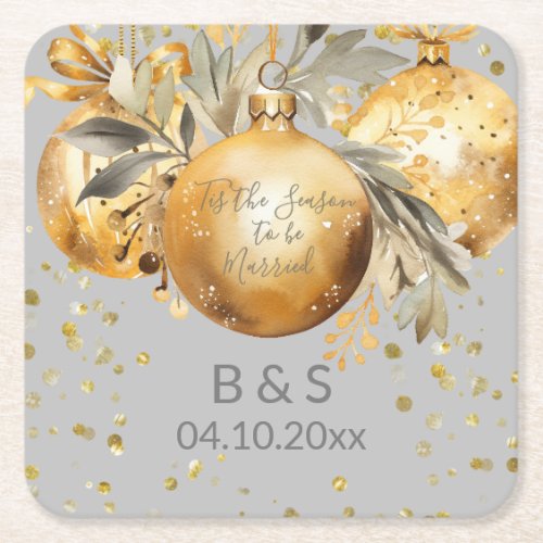 Gold Gray Christmas Wedding Square Paper Coaster