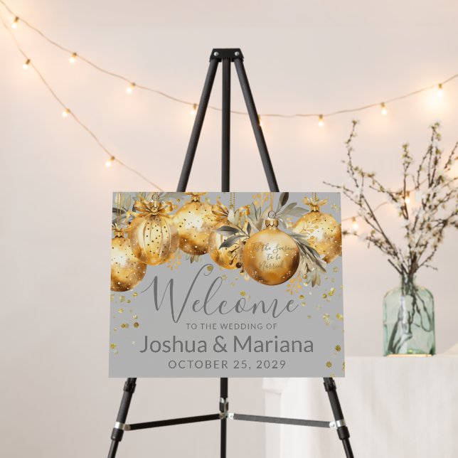 Gold Gray Christmas Wedding Welcome Sign (In Situ (Stand))