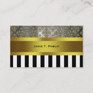 Gold Gray Damask, Black White Stripe Gold Ribbon Business Card