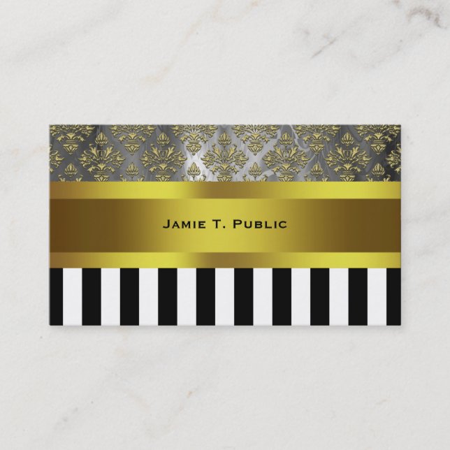 Gold Gray Damask, Black White Stripe Gold Ribbon Business Card (Front)