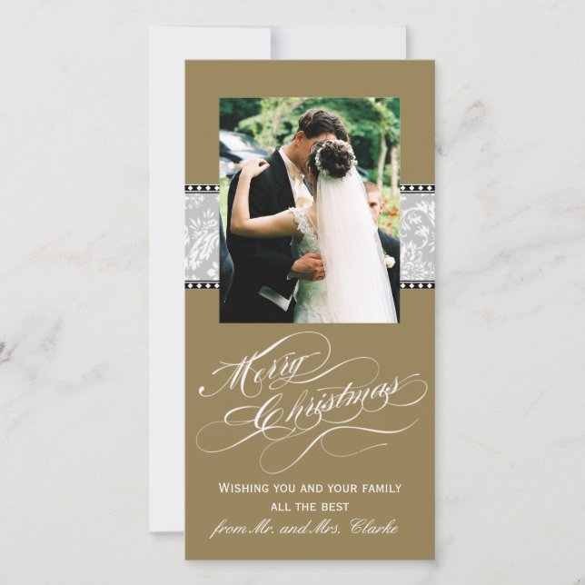 Gold Gray Damask First Christmas Photo Card (Front)