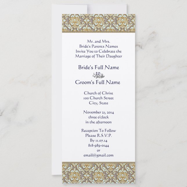 Gold & Gray Damask Swirls Wedding Invitation (Front)