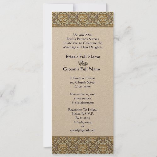 Gold  Gray Damask Swirls Wedding Invitation