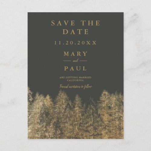 Gold gray Fall blush pine trees save the date Announcement Postcard