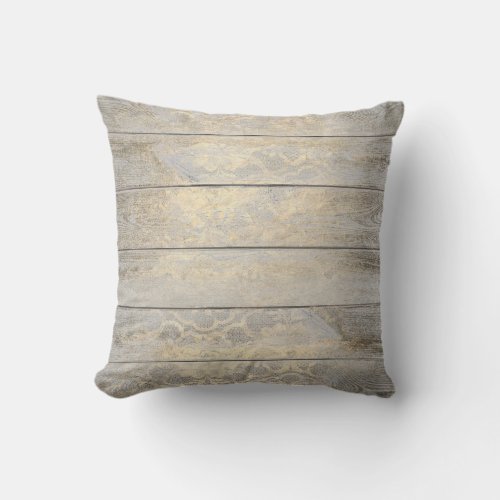 Gold Gray Floral Glam Metallic Wood Cottage Throw Pillow