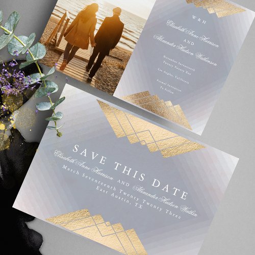 Gold Gray Geometric Gatsby Foil Save The Date Announcement