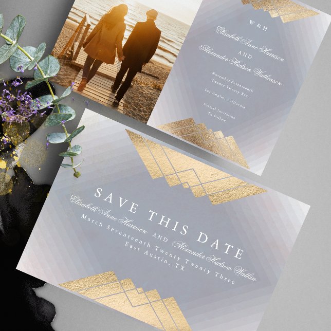 Gold Gray Geometric Gatsby Foil Save The Date Announcement (Creator Uploaded)