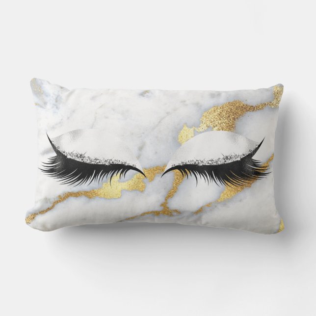 Gold Gray Glitter Black Eyes Makeup Marble Stone Lumbar Pillow (Front)