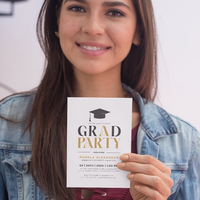 Gold Gray Grad Party Retro Typography On White Invitation (Creator Uploaded)