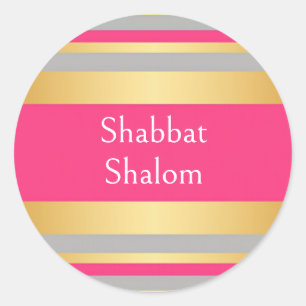 Gold Gray Hot Pink Stripes, Shabbat Shalom Classic Round Sticker