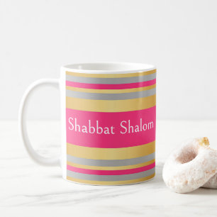 Gold Gray Hot Pink Stripes, Shabbat Shalom Coffee Mug