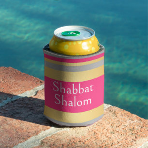 Gold Gray Hot Pink Stripes, Shabbat Shalom Glam Can Cooler