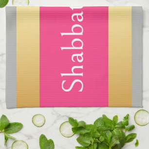 Gold Gray Hot Pink Stripes, Shabbat Shalom Glam Kitchen Towel
