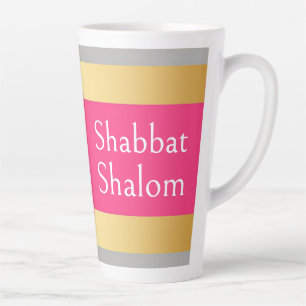Gold Gray Hot Pink Stripes, Shabbat Shalom Glam Latte Mug