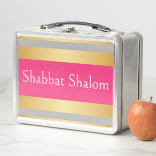 Gold Gray Hot Pink Stripes, Shabbat Shalom Glam Metal Lunch Box