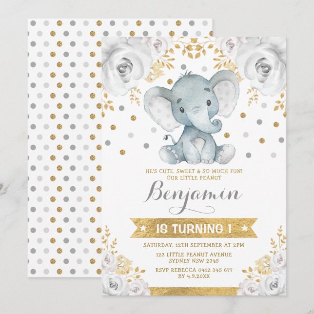 Gold Gray Jungle Elephant 1st Birthday Party Invitation (Front/Back)