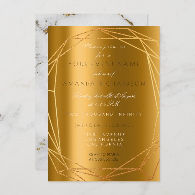 Gold Gray Marble Stone Birthday Diamond Frame Invitation (Front/Back)