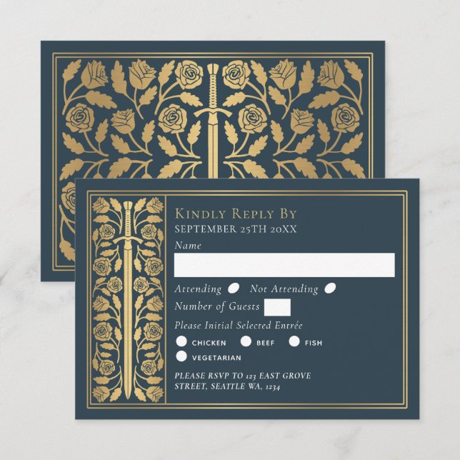 Gold Gray Medieval Sword Wedding RSVP Card (Front/Back)
