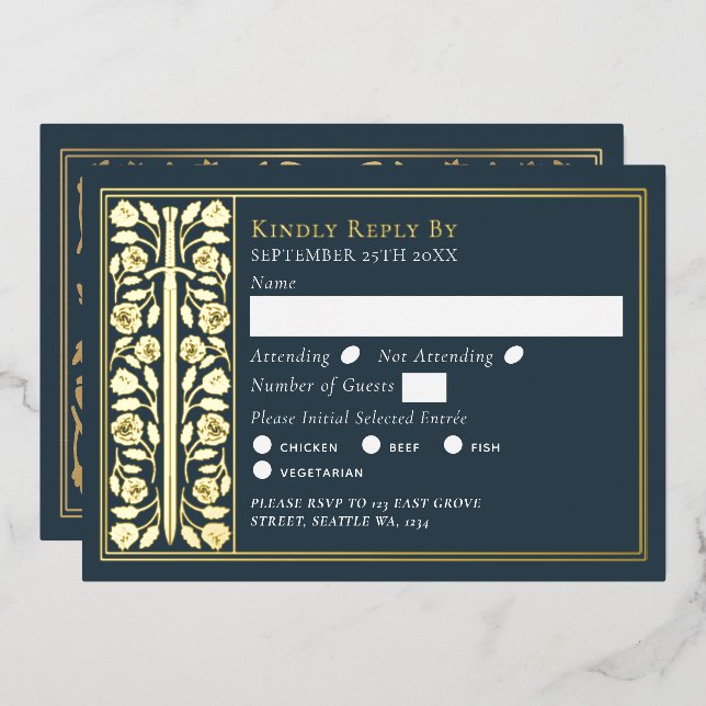 Gold Gray Medieval Sword Wedding RSVP Foil Invitation (Front/Back)