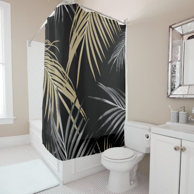 Gold Gray Palm Leaves Dream #1 Shower Curtain (In Situ)
