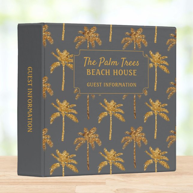 Gold Gray Palm Tree Beach House Guest Information 3 Ring Binder (In situ)