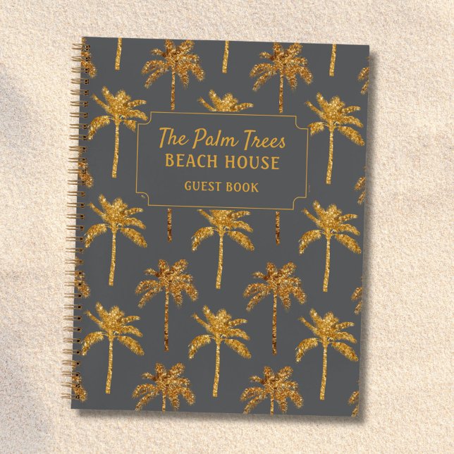 Gold Gray Palm Trees Beach House Guestbook Notebook (In situ)