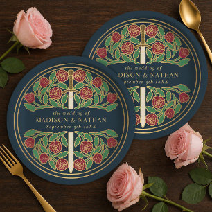 Gold Gray Royal Medieval Floral Sword Wedding  Paper Plates