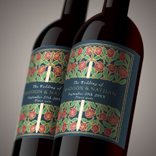 Gold Gray Royal Medieval Floral Sword Wedding Wine Label