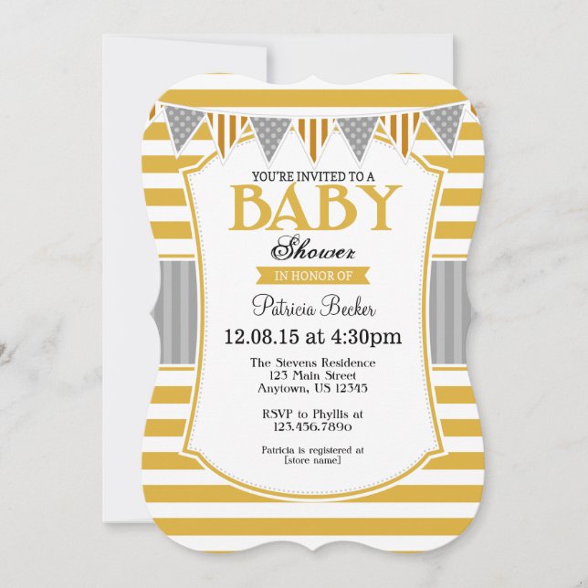 Gold Gray Stripes Baby Shower Invitation (Front)