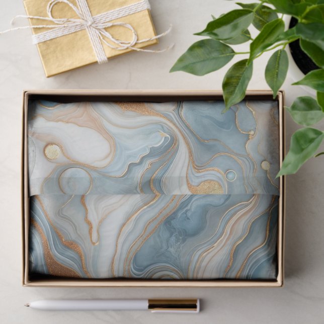 Gold Gray Teal Light Blue Marble Art Pattern Tissue Paper (Gift)