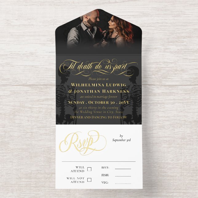 Gold Gray Til Death Do Us Party Goth Wedding Photo All In One Invitation (Inside)