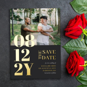 Gold Gray Typography Wedding Photo Save the Date Foil Invitation