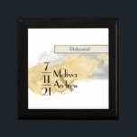 Gold Gray Watercolor Wedding Wooden Jewelry Box<br><div class="desc">A beautiful gold and gray watercolor wash adorns this personalized wooden jewelry box. Design includes the bride and groom's names along with the wedding date, presented in modern typography with a uniquely designed date. There is also a space to put the role someone played in your wedding party, making this...</div>