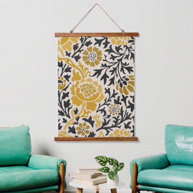 Gold Gray William Morris Floral Hanging Tapestry (Living Room)