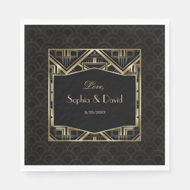 Gold Great Gatsby Art Deco Style Wedding Paper Napkins (Front)