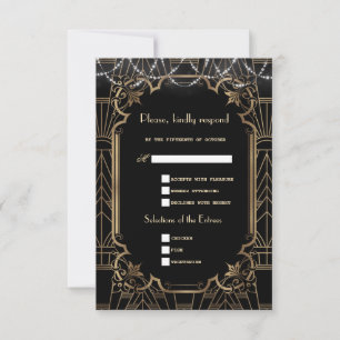 Gold Great Gatsby Black Art Deco 1920s Wedding RSVP Card